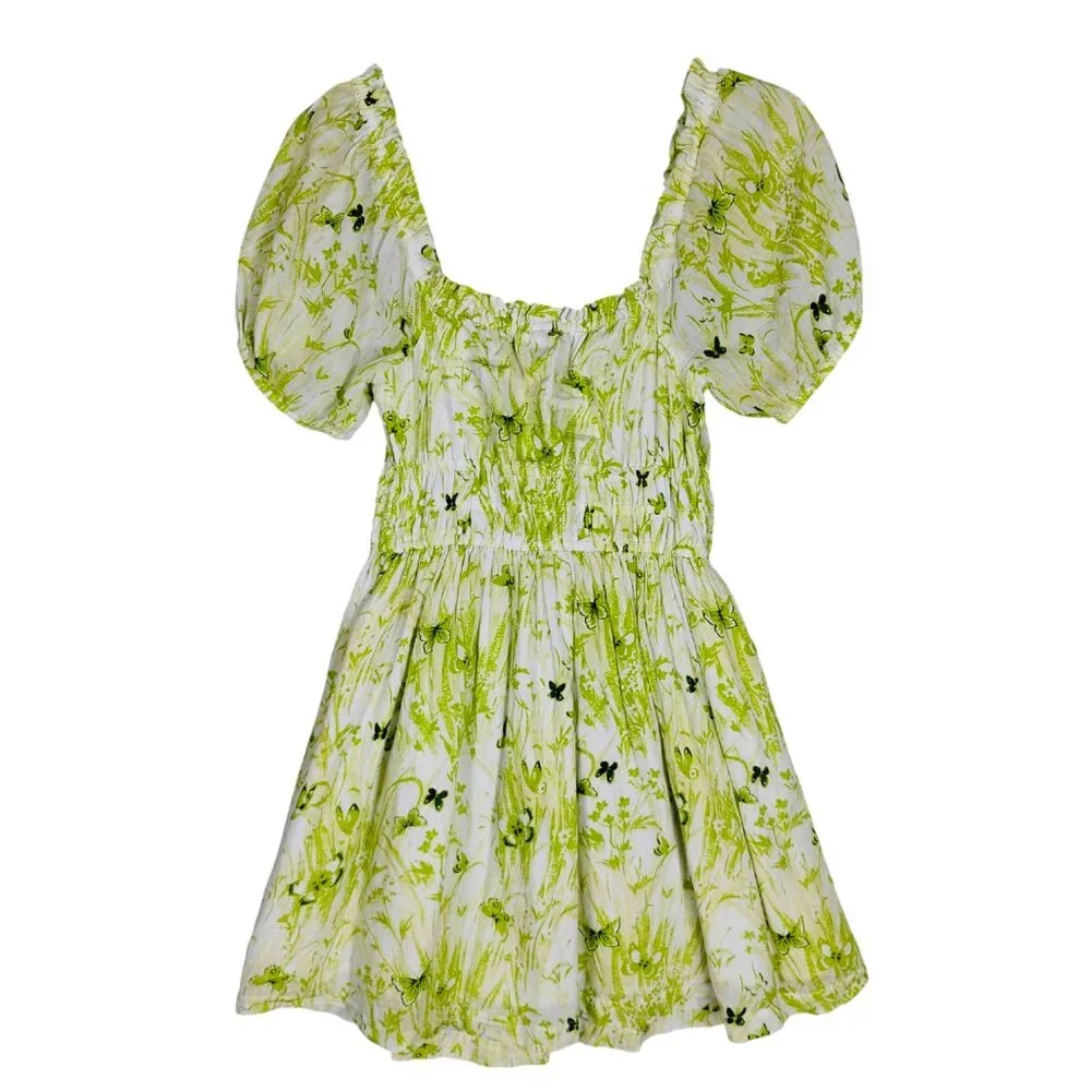 BP Nordstrom Sun Dress Size Small Light Green Floral Puffy Sleeves Pullover - Picture 4 of 8